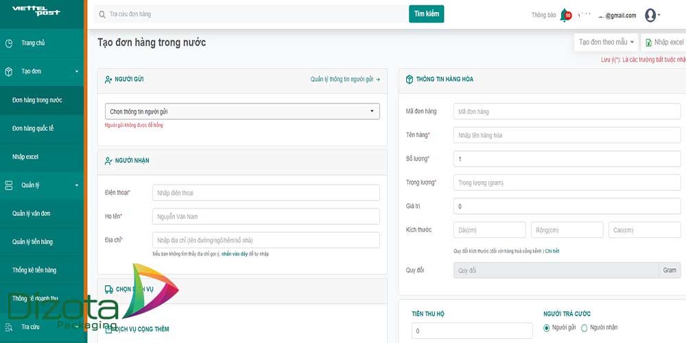 Tạo đơn hàng trong Viettel Post