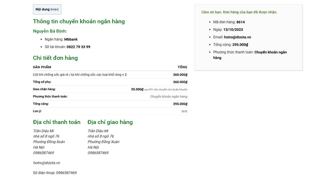 hoàn tất đặt hàng